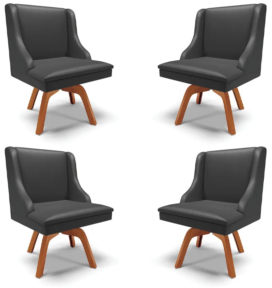 Kit 4 Cadeiras Decorativas Sala de Jantar Base Giratória de Madeira Firenze PU Preto Fosco/Natural G19 - Gran Belo