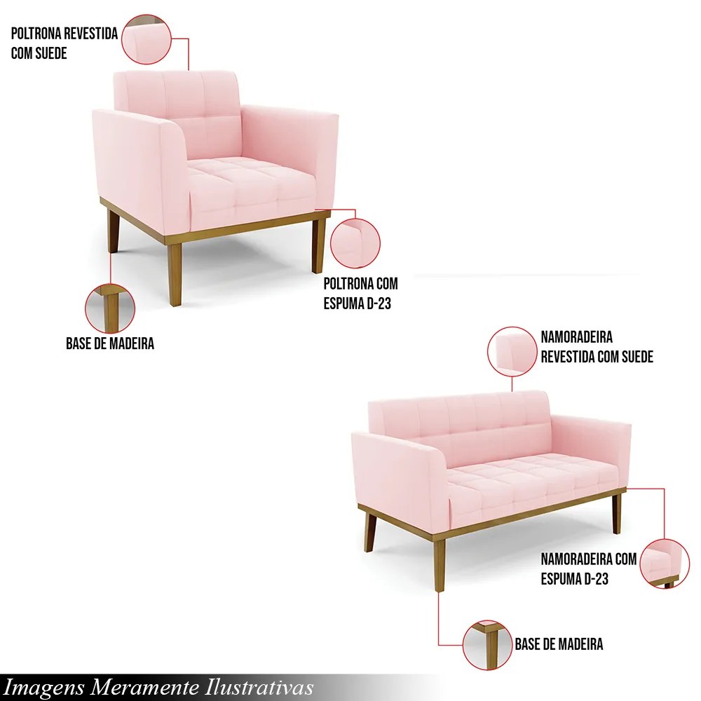 Conjunto Poltrona e Namoradeira Decorativas Karen Pés Fixo em Madeira Castanho Suede Rosa Bebê G19 - Gran Belo