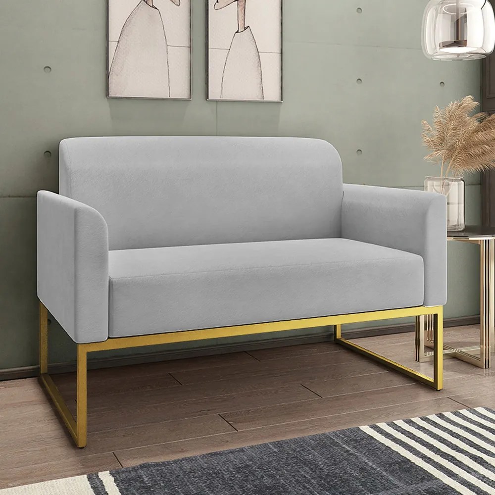 Poltrona Namoradeira Decorativa Isabella Base Industrial Suede Cinza/Dourado G19 - Gran Belo