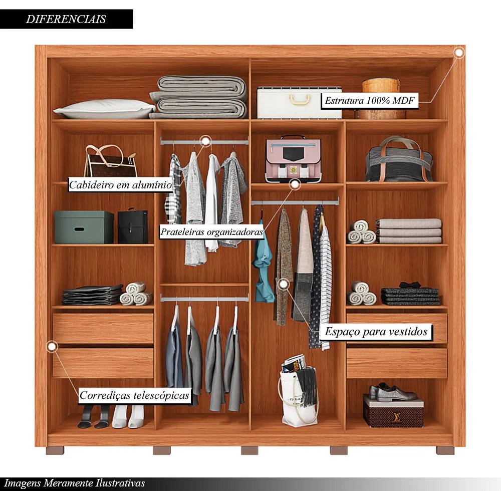 Guarda Roupa Lorian 245cm com 2 Portas de Correr e 4 Gavetas em MDF Freijo/OffWhite G11 - Gran Belo
