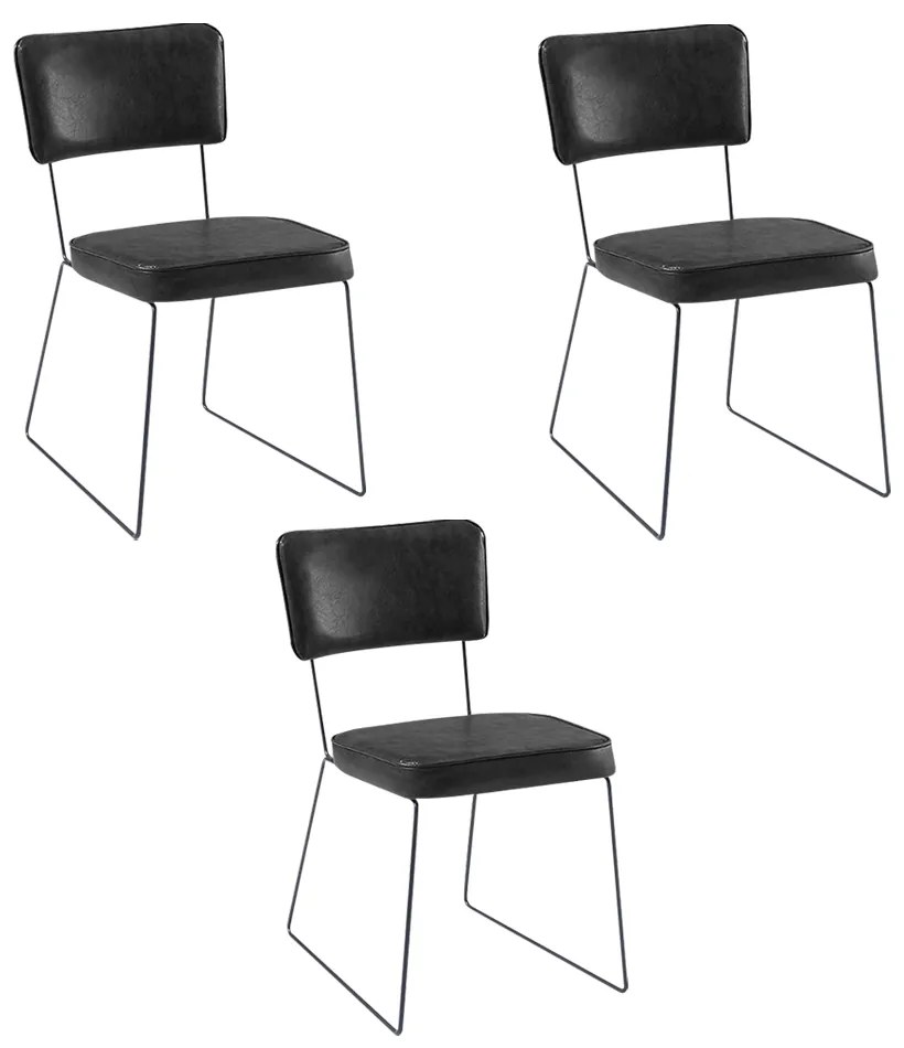 Kit 3 Cadeiras de Jantar Decorativa Base Aço Preto Luigi PU Preto G17 - Gran Belo