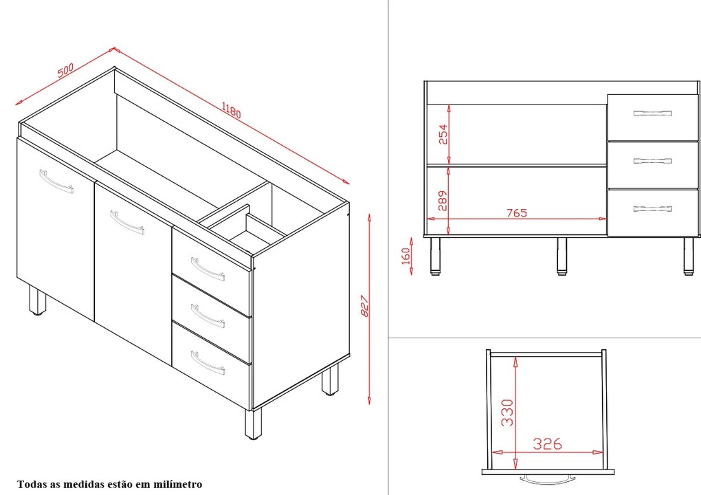 Balcão Rosa 2 Portas 3 Gaveta Cozinha MB1 120cm