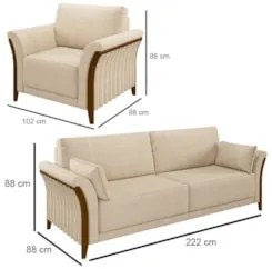 Kit Sofá Living 3 Lugares e Poltrona 102cm Pés Madeira Roya Z32 Linho