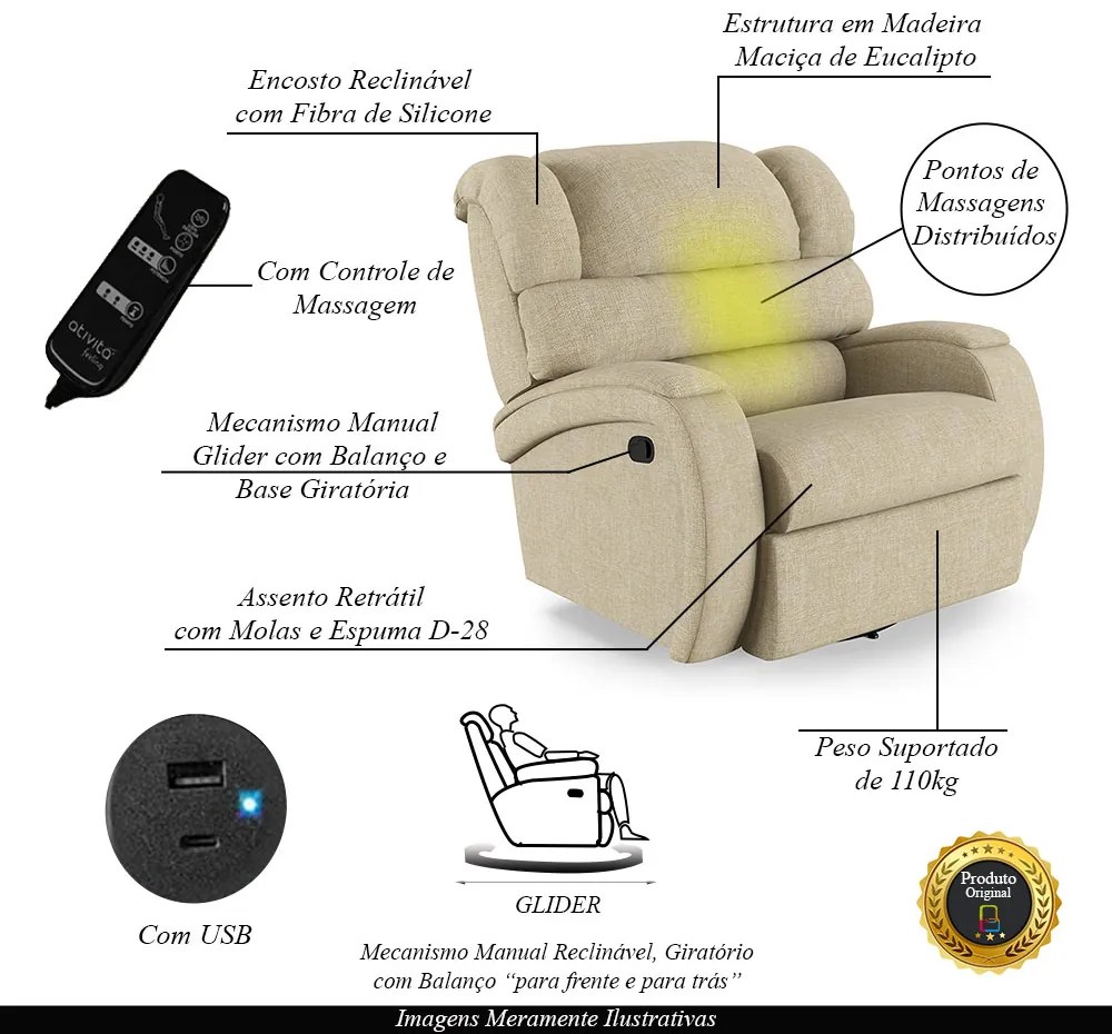 Poltrona do Papai Sala de Cinema Reclinável Kylie Glider Manual Giratória Massagem USB Linho Bege G23