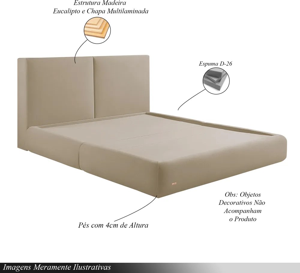 Cama com Cabeceira Elva King Base no Chão Veludo Luxo Bege G92 - Gran Belo