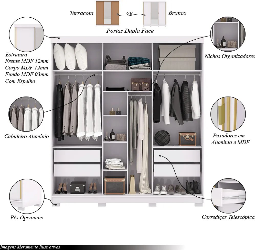 Guarda Roupa Casal Heros 3 Portas de Correr Dupla Face com Espelho MDF Branco/Terracota G98 - Gran Belo