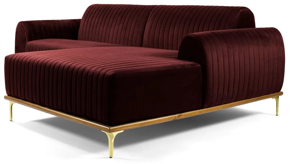 Sofá 3 Lugares Lisboa D07 com Chaise Direita 230cm Veludo Bordô - D'Rossi