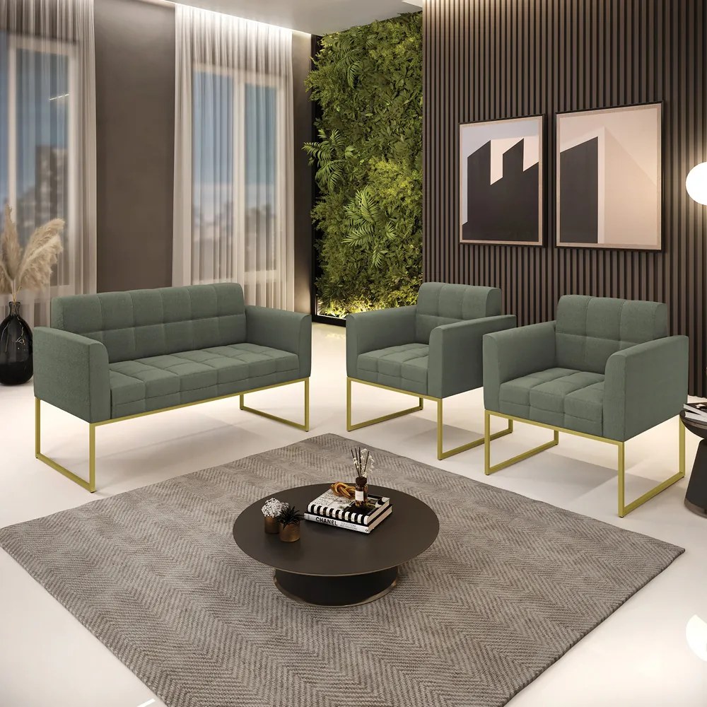 Namoradeira e 2 Poltronas Industrial Dourado Elisa Bouclê D03 - DRossi - Verde Pistache