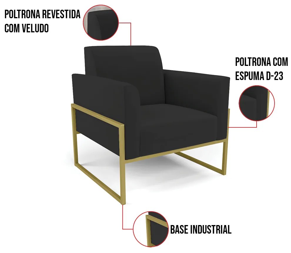 Kit 2 Poltronas Base Industrial Alta Dourado Marisa Veludo Preto D03 - D'Rossi