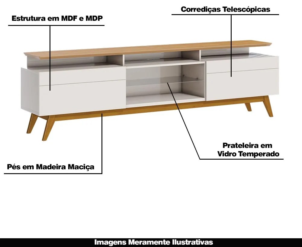 Rack Bancada 2 Gavetas com Nicho 180cm Amy Off White/Nature G29 - Gran Belo