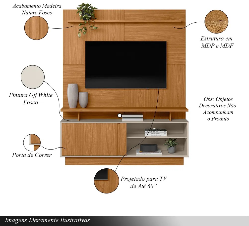 Home Decorativo Vicente MDF/MDP TV até 60 Polegadas Porta de Correr Nature/Off White G77 - Gran Belo