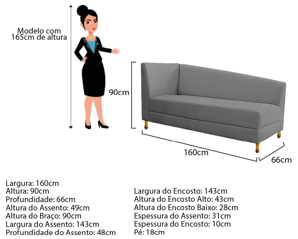 Recamier Valéria 160cm Lado Direito Corano Cinza - ADJ Decor