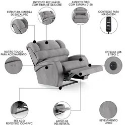 Poltrona do Papai Reclinável Kalie Power Touch Massagem FH9 Linho Cinz