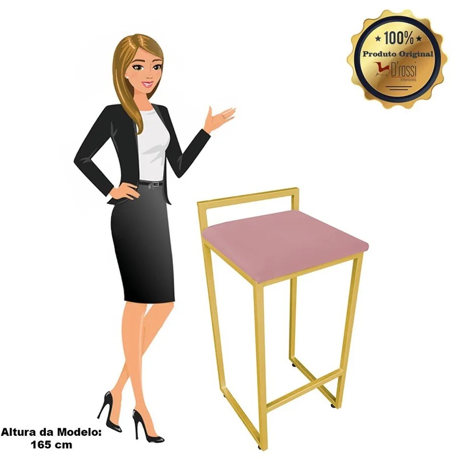 Banqueta Alta Industrial Pietra Suede Rose Base Dourado D'Rossi
