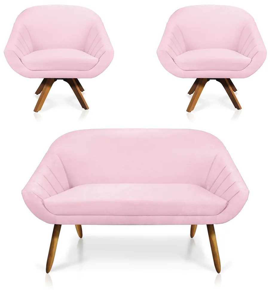 Kit 01 Namoradeira 02 Lugares e 02 Poltronas Giratória Giovana Suede Base Madeira MM30 - D'Rossi - Rosa Bebê