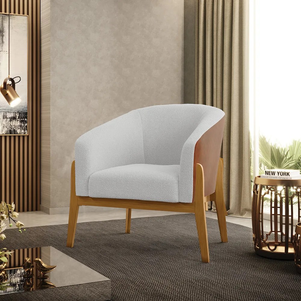 Poltrona Decorativa Base Madeira Kit 2 Stella PU Nozes/Bouclê D03 - D'Rossi - Off White