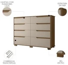 Cômoda Para Quarto 147cm Com 8 Gavetas Parma Carvalho/Fendi Z17 - Mpoz
