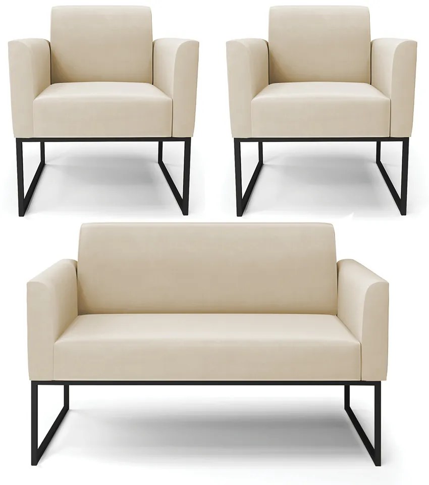 Sofá Namoradeira com 2 Poltronas Base Industrial Preto Marisa Suede D03 - D'Rossi - Bege