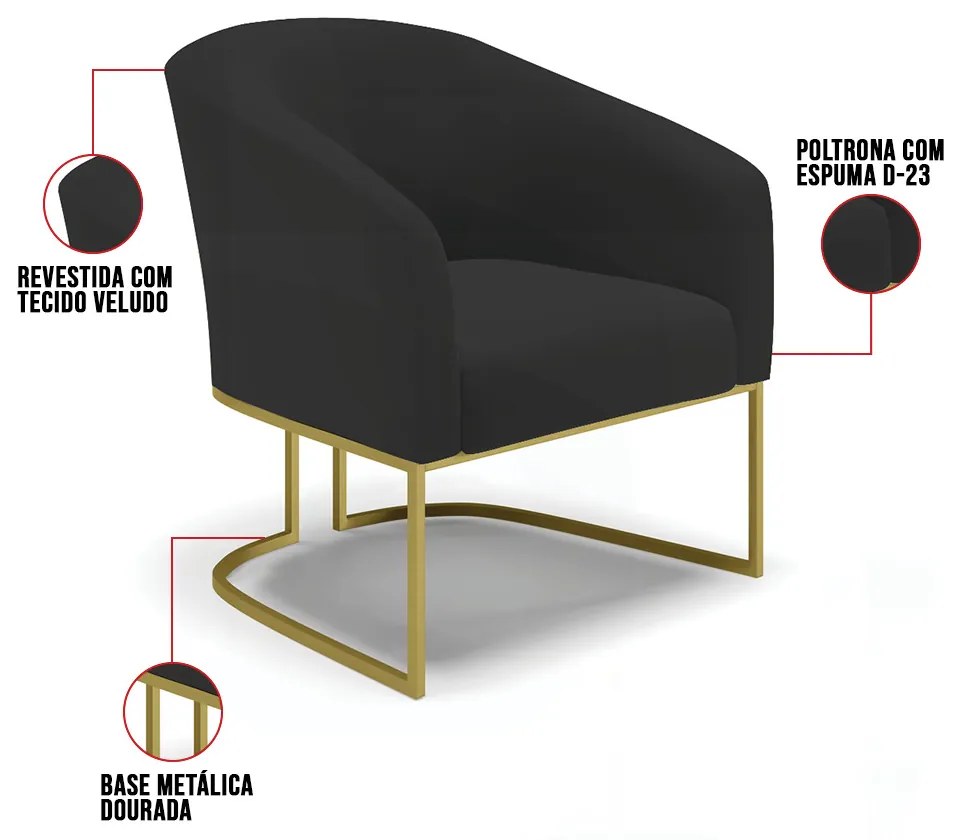 Cadeira Sala de Jantar Base Industrial Dourado Kit 2 Stella Veludo D03 - D'Rossi - Preto