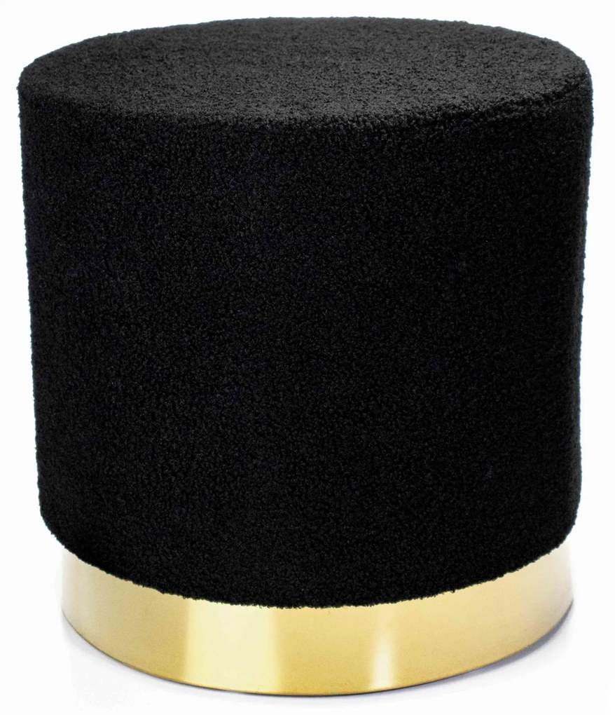 Puff Decorativo Redondo Em Bouclê Preto Com Detalhe Dourado na Base 40 Cm - D'Rossi