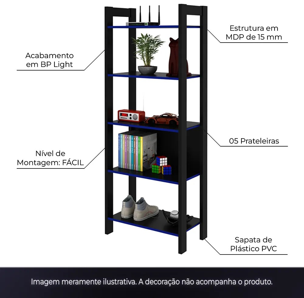 Estante para Escritório Home Office Gamer ME4166 MDP Preto/Azul G69 - Gran Belo