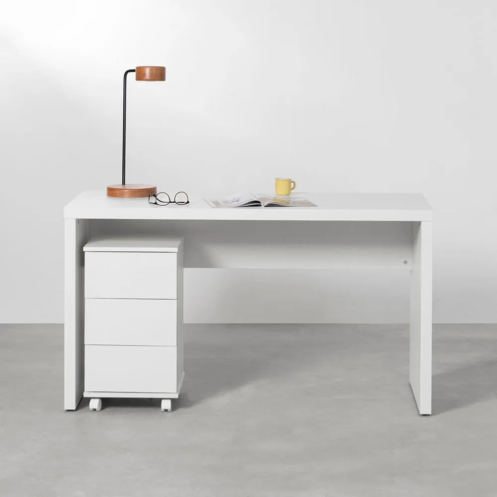 Conjunto Office - Bancada Contemporânea Slim Branco 1,10 + Gaveteiro Contemporâneo Slim 3 gavetas Branco 40cm - Conjunto Office - Bancada Contemporânea Slim Branco 1,10 + Módulo Contemporâneo Slim 3 gavetas Branco 40cm