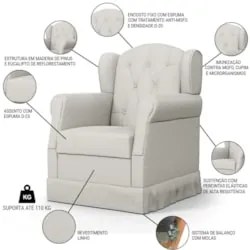 Poltrona de Amamentação Balanço e Puff Lucy Z39 Linho Off White - Mpoz
