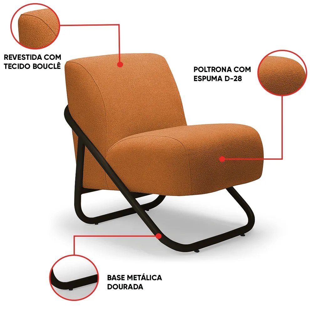 Poltrona Sala Decorativa Industrial Preto Martina Bouclê K01 - D'Rossi - Caramelo