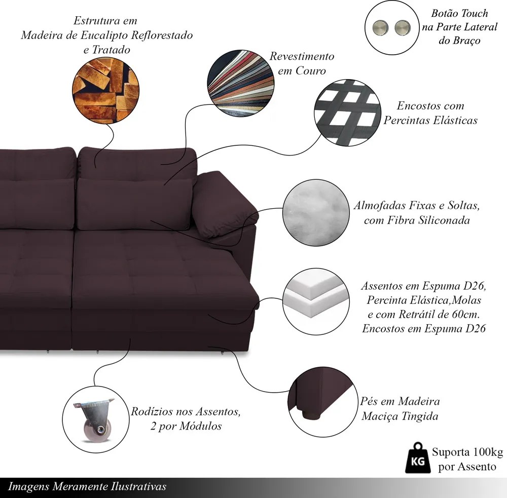 Sofá Retrátil Elétrico Sala de Estar Nolan Bipartido 175cm Conforto Premium em Couro Borgonha G58 - Gran Belo