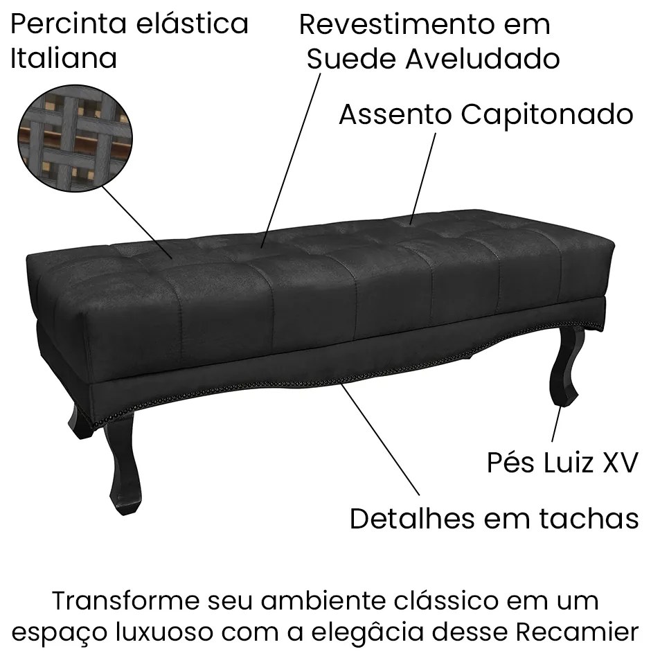 Puff Recamier Retrô Luis Xv Captonê para Quarto Vicenza 160cm Suede S04 - D'Rossi - Preto