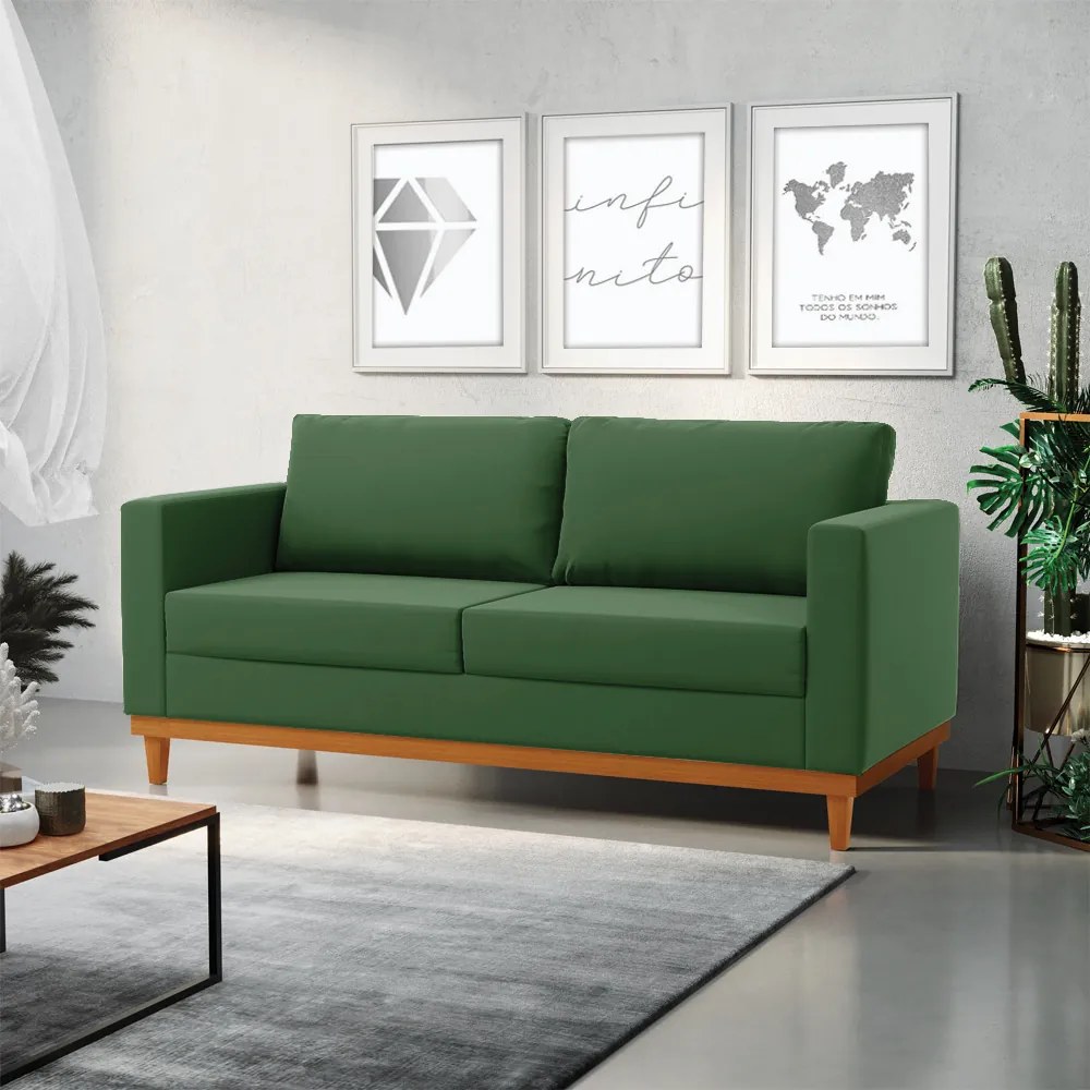 Sofá 03 Lugares Juliette Suede Verde Base Madeira Castanho - D'Rossi