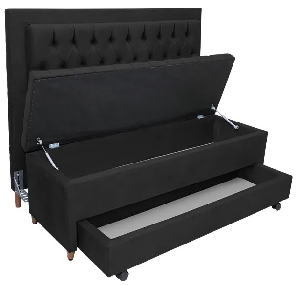 Cabeceira com Calçadeira Baú Casal 140cm Paris Capitonê Suede Preto - Sheep Estofados - Preto