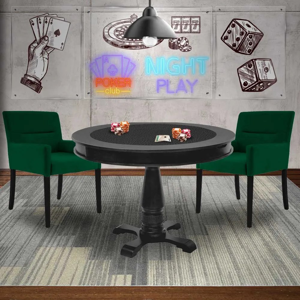 Mesa de Jogos Carteado Redonda Victoria Tampo Reversível Preto com 2 Cadeiras Vicenza Suede Verde G36 G15 - Gran Belo
