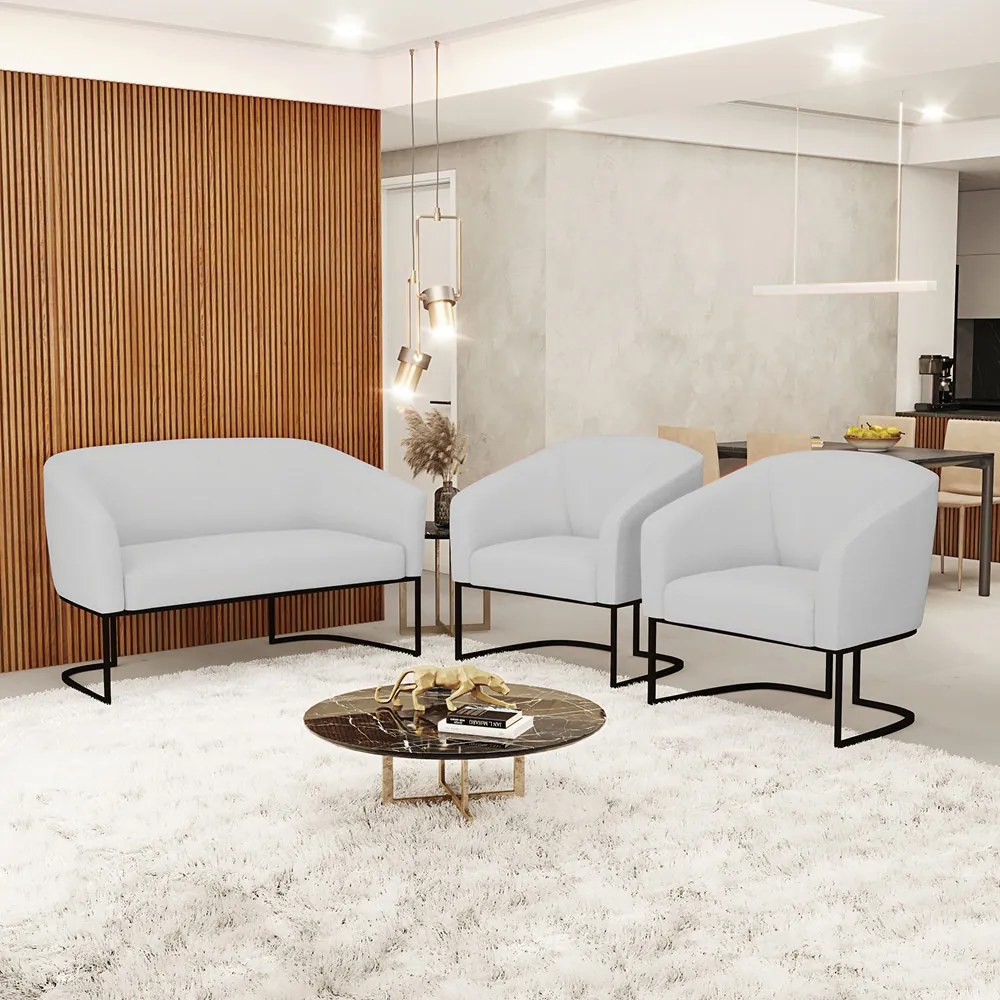 Sofá Namoradeira e 2 Poltronas Base Industrial Preto Stella Linho D03 - D'Rossi - A05 Cinza