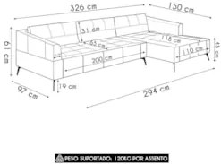 Sofá 5 Lugares 326cm Com Chaise Direito Eko Couro Preto Z55 - Mpozenat