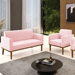 Sofá Namoradeira e 1 Poltrona Base Madeira Castanho Maressa Suede Rosa