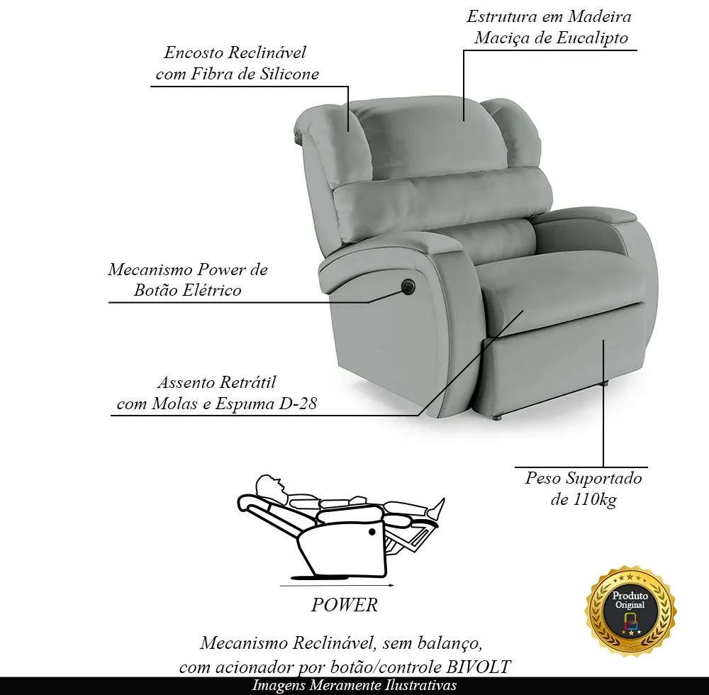 Poltrona do Papai Reclinável Napoli Power Elétrica PU FH1 - D'Rossi - Cinza