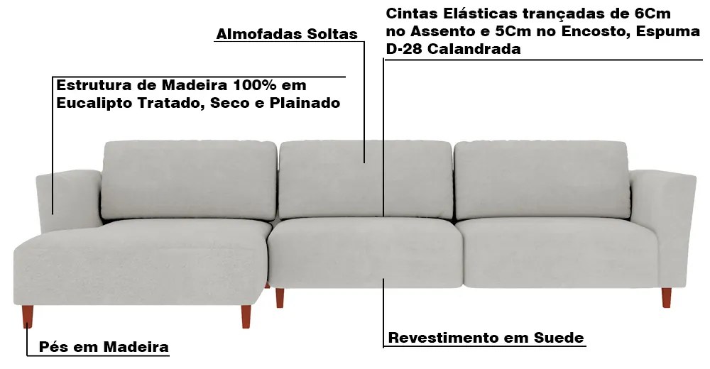 Sofá 350cm com Chaise Esquerda Franz Suede Cinza G52 - Gran Belo