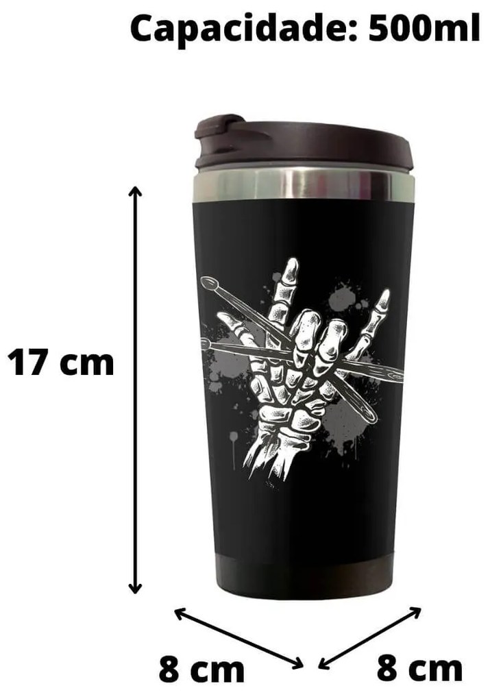 Copo Térmico 500ml Inox Caveira Rock Baquetas