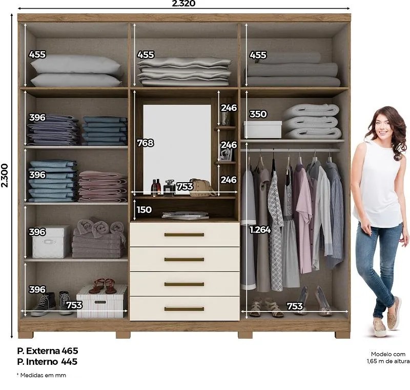 Guarda Roupa Roupeiro Casal 10 Portas 4 Gavetas e Espelho