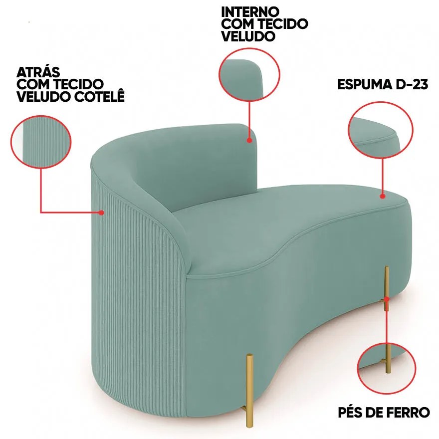 Sofá 2 Lugares Orgânico 140cm Pé Dourado Morgan Veludo/Cotelê D03 - D'Rossi - Menta