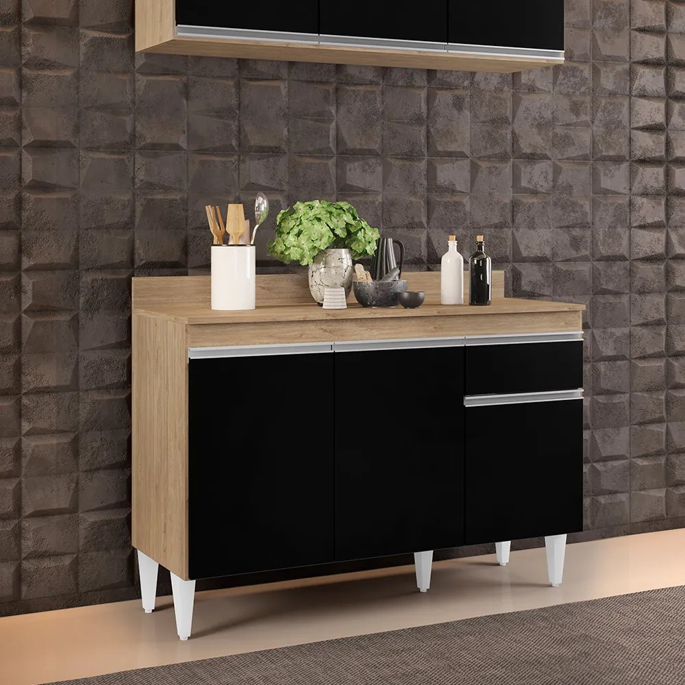 Balcão de Cozinha Lavanderia com Tampo 01 Gaveta Vick 120 cm L06 - D'Rossi - Castanho e Preto
