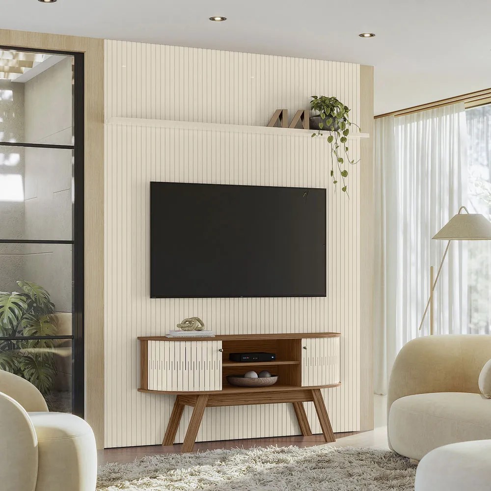 Conjunto Painel e Bancada Troia 2 Portas Deslizantes MDP Pintura UV até 65 Naturale/OffWhite G97 - Gran Belo