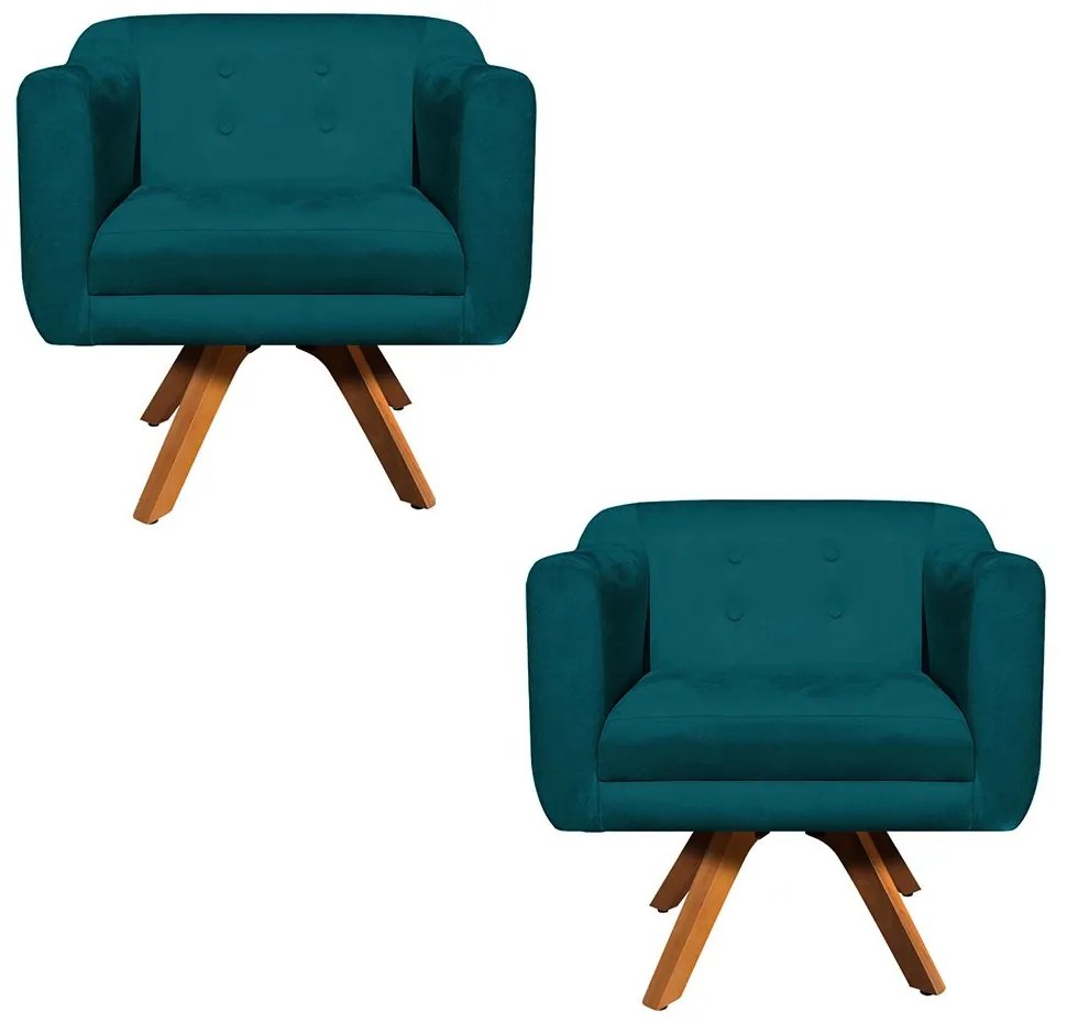 Kit 02 Poltronas Giratória  Julia Suede Base Madeira MM30 D01 - D'Rossi - Azul Pavão