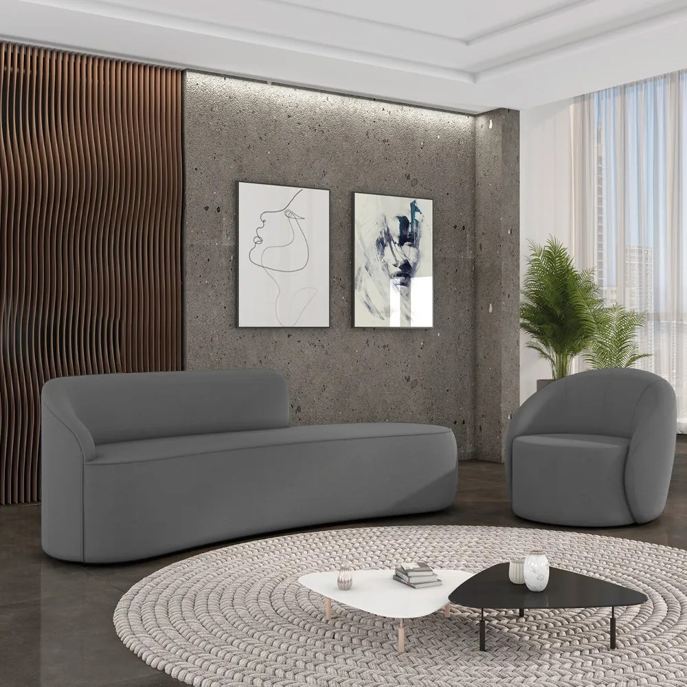 Sofá 4 Lugares Orgânico 220cm Morgan e Poltrona Lua Suede D03 - D'Rossi - Grafite