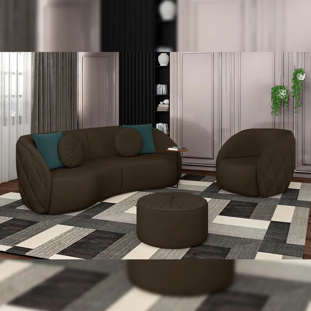 Conjunto Decorativo Sofá 240cm e Poltrona Clarke com Puff Round Veludo Marrom G45 - Gran Belo