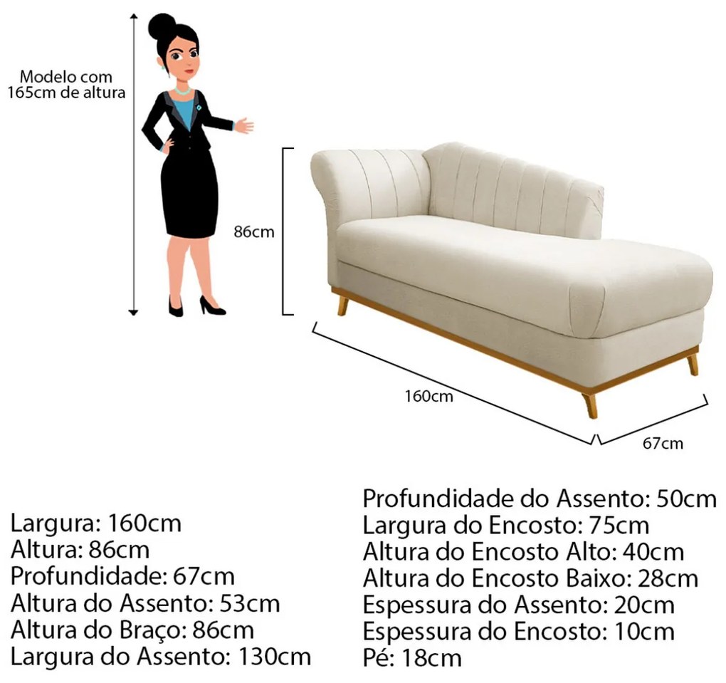Recamier Vanessa 160cm Lado Direito Corano Bege - ADJ Decor