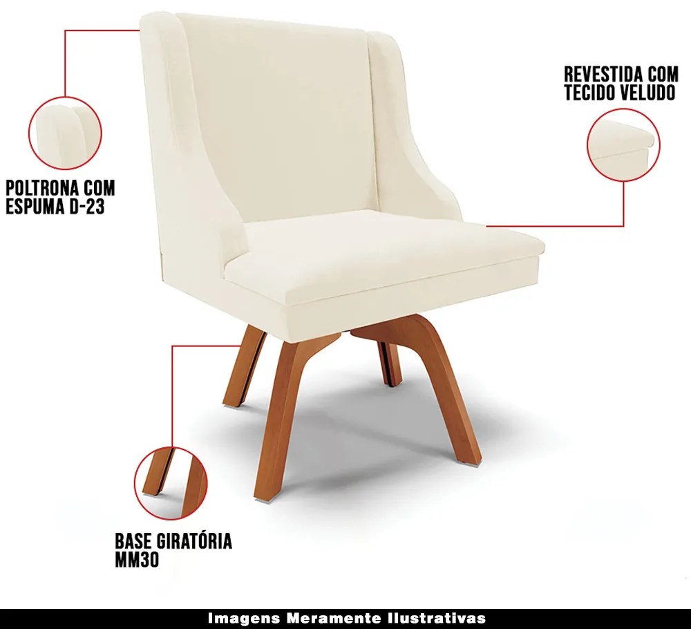 Kit 5 Cadeiras Decorativas Sala de Jantar Base Giratória de Madeira Firenze Veludo Bege/Natural G19 - Gran Belo