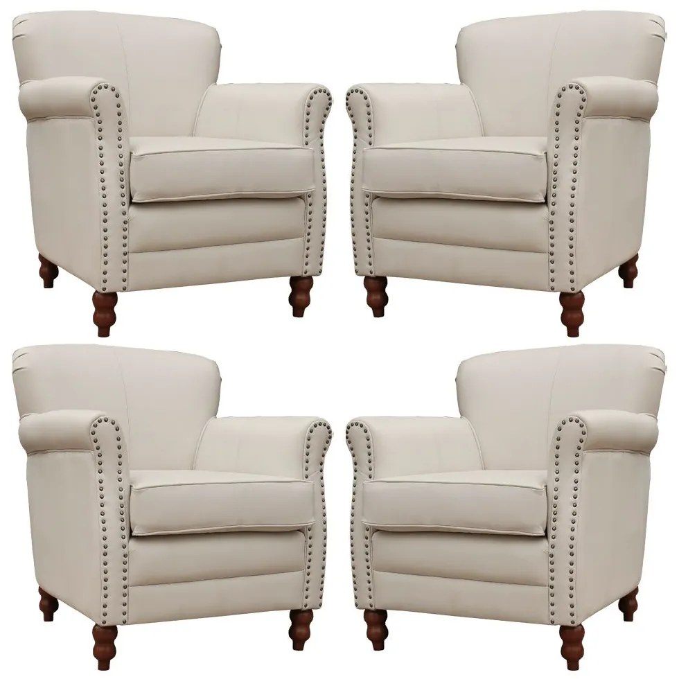 Kit 04 Poltronas Decorativas Sala de Estar Brunei Pés Madeira Couro Off White G58 - Gran Belo