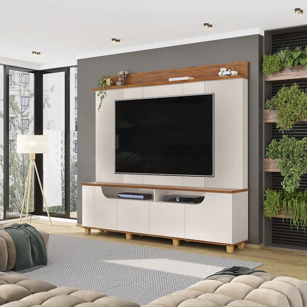 Home Estante Banner TV 75" Ripado Canelado 4 Portas OffWhite/Freijó G18 - Gran Belo